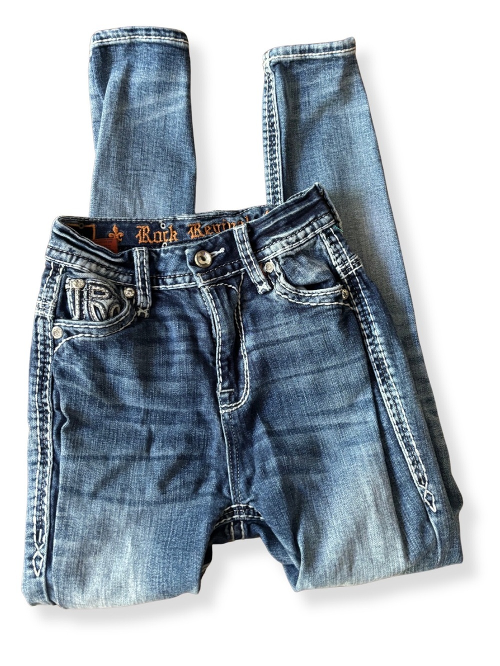 Rock Revival Ferry Skinny Jeans Women’s 23 Blue Embroidered Stretch